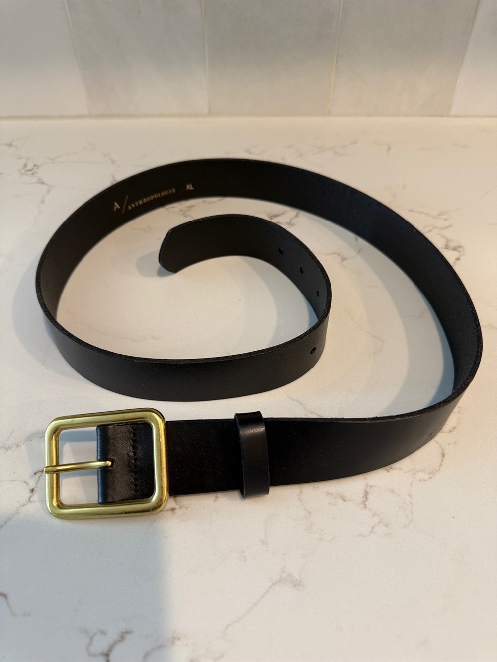 Anthropologie Black Leather Belt with Brass Square Buckle